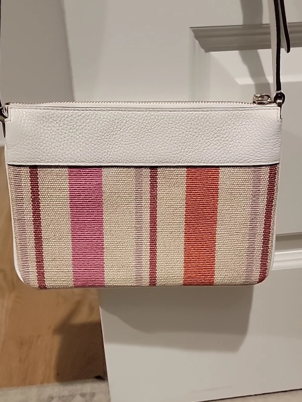 kate spade Cream, Pink & Orange Striped Canvas With Leather Trim Crossbody Bag
